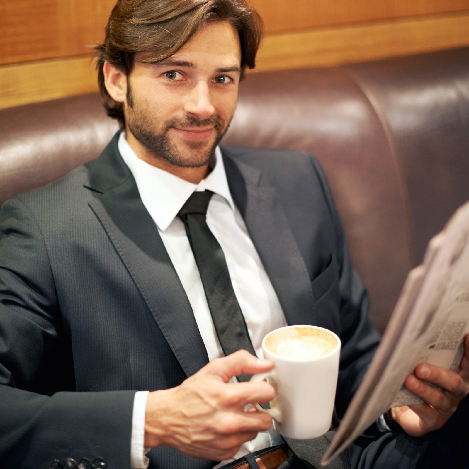About businessman portrait newspaper cafe lounge coffee shop with suit sofa man broker news with reading break corporate job with mug restaurant rest relaxation