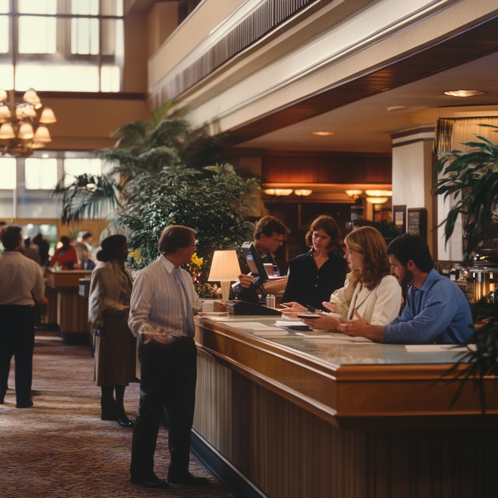 busy hotel lobby with front desk staff efficiently handling multiple guest requests