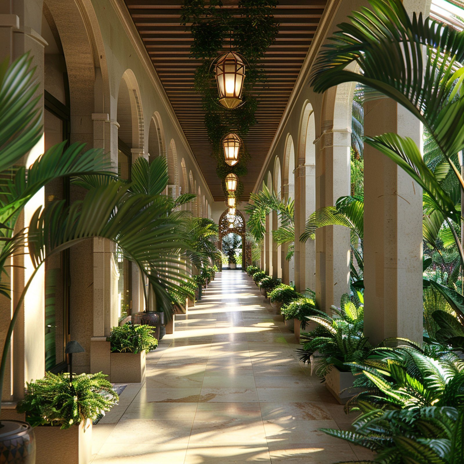Portfolio long hallway lined with potted plants palm trees