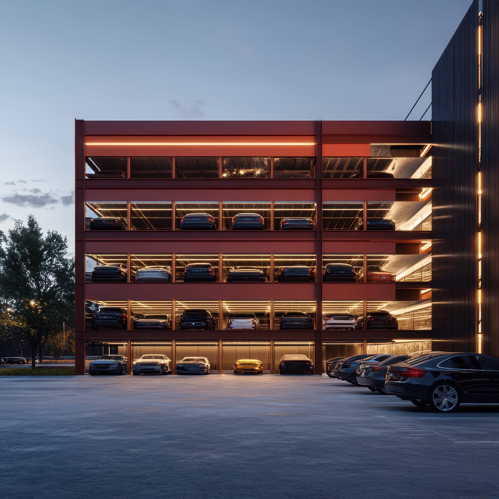 Portfolio parking garage with parking lot with car parked front it