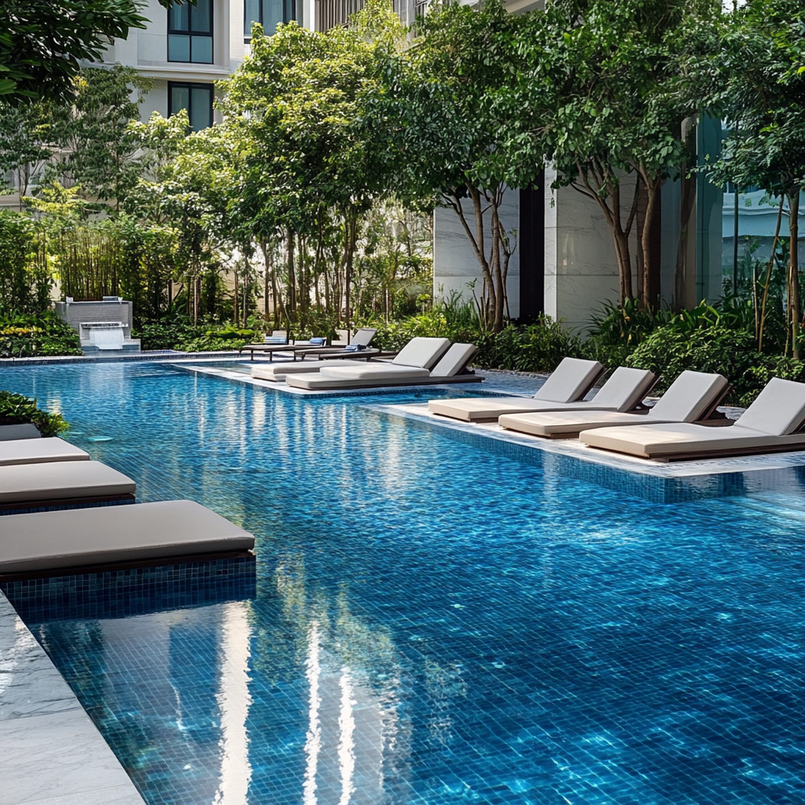 Portfolio pool with lounge chairs pool with building background