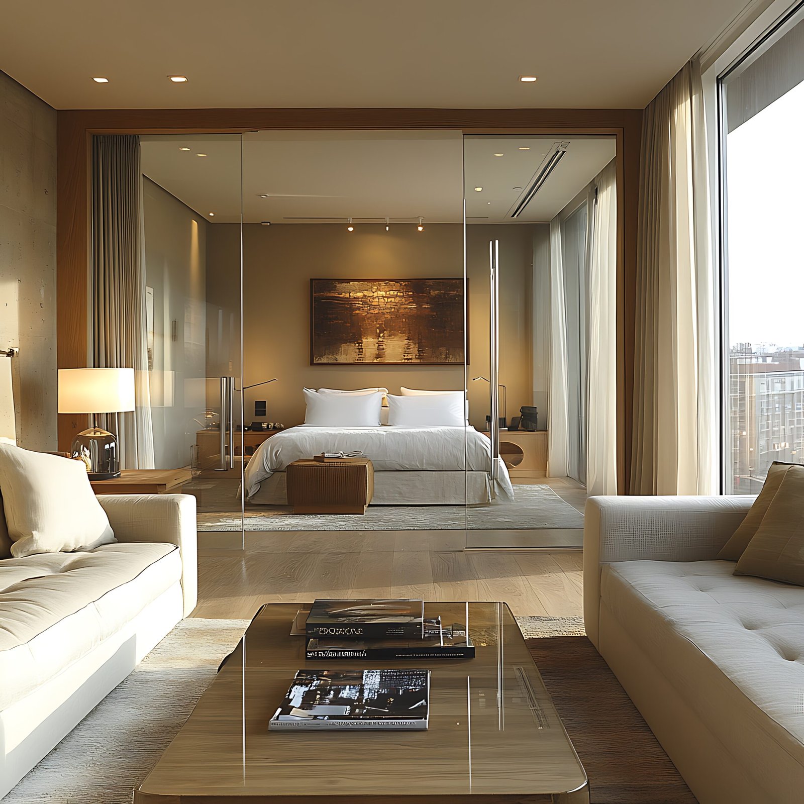 Portfolio there is a large bed in the room with a glass table